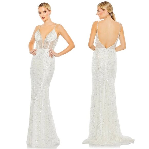 MAC DUGGAL Sequin & Rhinestone Plunge Neck Trumpet Gown in White Size US 12 - Picture 1 of 14